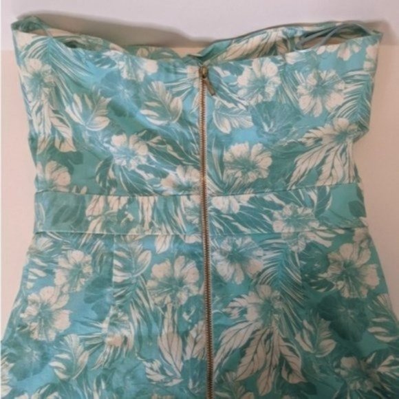SUITE BLANCO DRESS HAWAIIAN STRAPLESS FITS SMALL TEAL BLUE TROPICAL VACAY DENIM - Picture 9 of 10